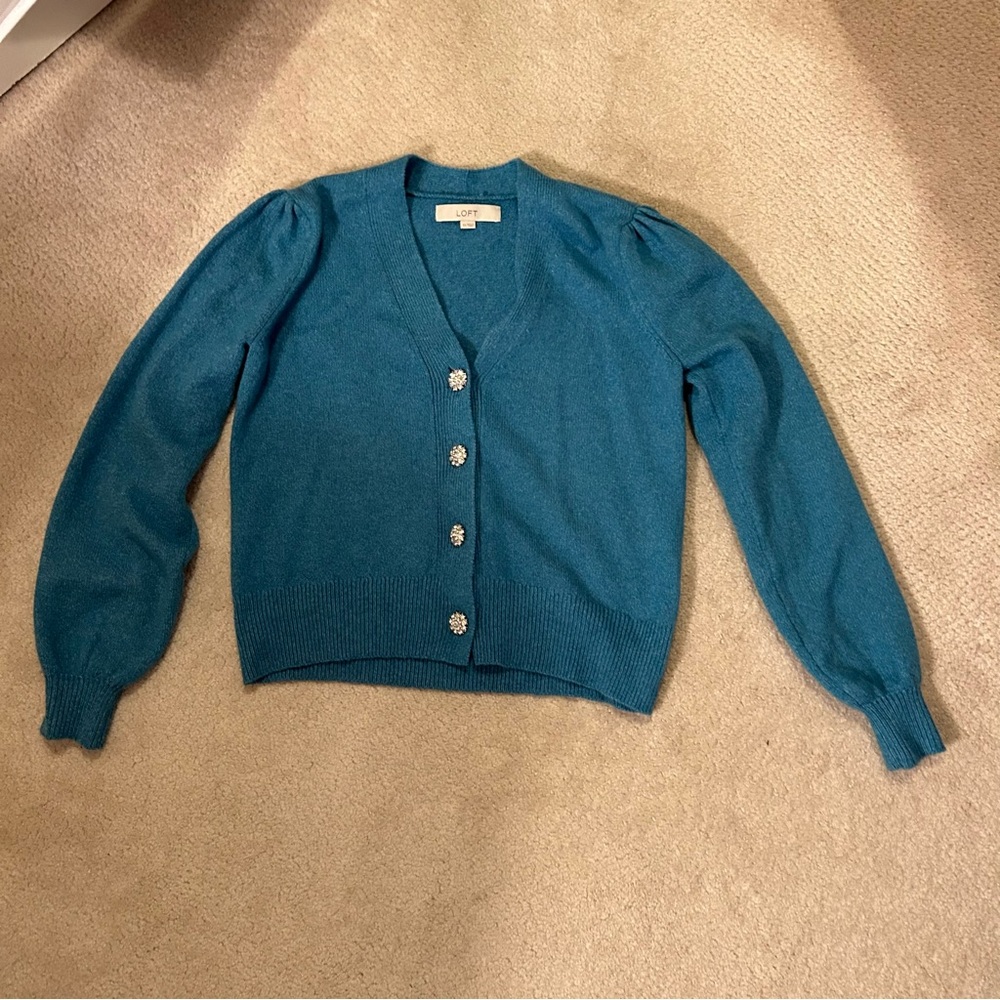 LOFT Teal Cardigan with Embellished Buttons